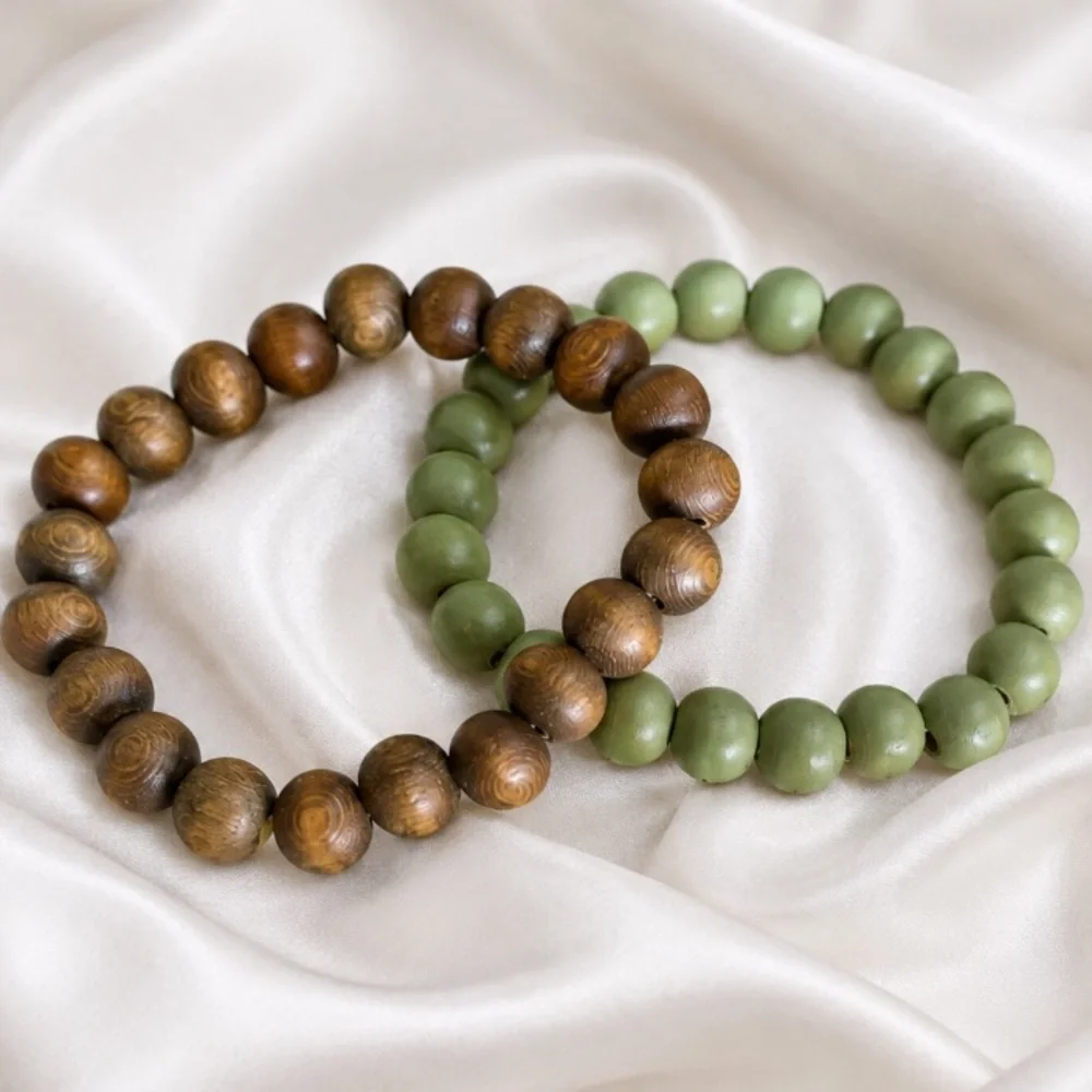 Boho Wooden Beaded Stretch Bracelet Set – Brown & Sage Green